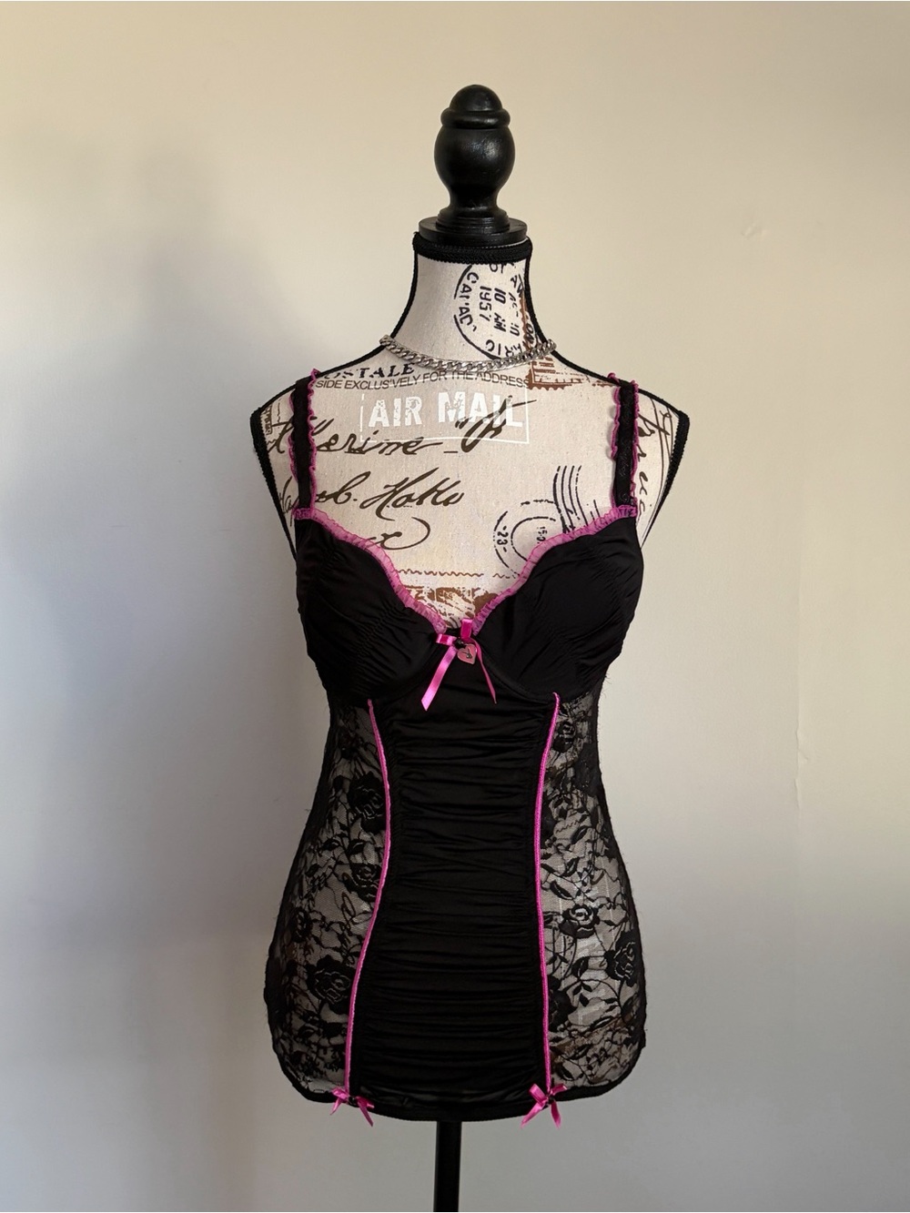 Y2K Playboy Black Pink Lace Trim Sheer Chemise Corset Slip